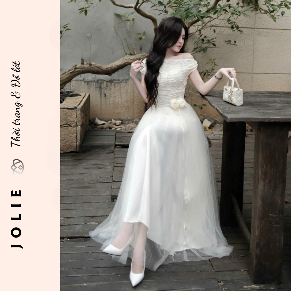 Váy Trắng Dự Tiệc JOLIE – Đầm Trễ Vai Phối Tulle Xòe Phồng Đính Hoa Thủ Công Sang Trọng