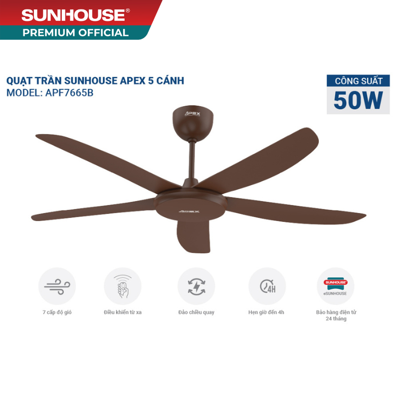Quạt trần 5 cánh SUNHOUSE APEX APF7665B - Tiết kiệm năng lượng, 7 chế độ gió, đảo chiều quay