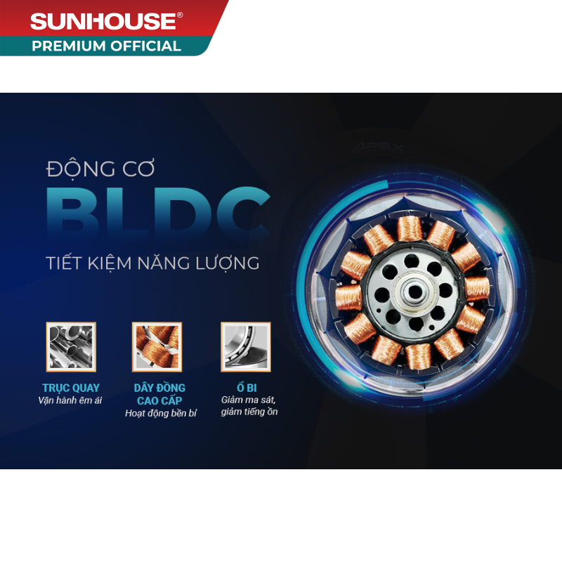 Quạt trần 5 cánh SUNHOUSE APEX APF7665B - Tiết kiệm năng lượng, 7 chế độ gió, đảo chiều quay