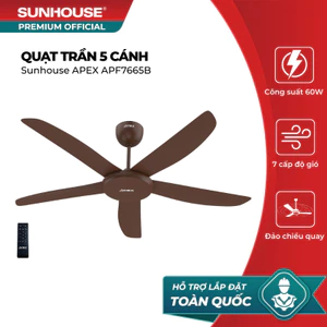 Quạt trần 5 cánh SUNHOUSE APEX APF7665B - Tiết kiệm năng lượng, 7 chế độ gió, đảo chiều quay