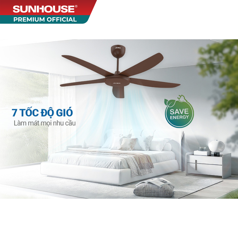 Quạt trần 5 cánh SUNHOUSE APEX APF7665B - Tiết kiệm năng lượng, 7 chế độ gió, đảo chiều quay