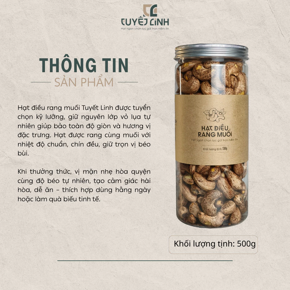 Hạt Điều Rang Muối Tuyết Linh Hộp 500g Loại A+ Size Cồ Hạt Dinh Dưỡng Giòn Béo Tự Nhiên, Quà Biếu Ca