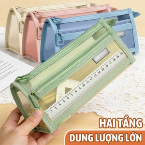 Hộp Bút Lưới 2 Ngăn Trong Suốt Đơn Giản, Túi Đựng Bút Văn Phòng Phong Cách Hàn Tiện Lợi, Giá Rẻ