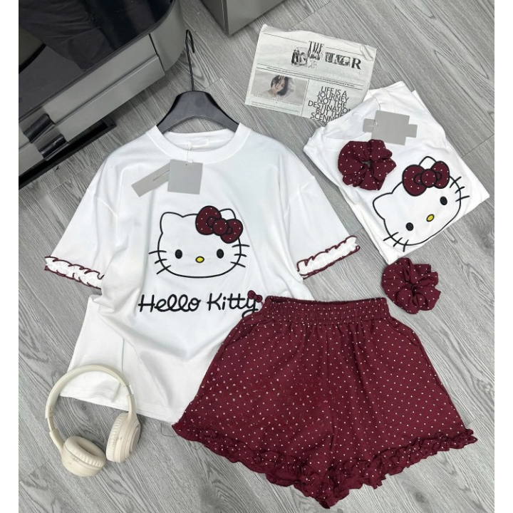 Đồ Bộ Nữ Hello Kitty HCOM26162 DONNA Set Bộ Mặc Nhà Áo Thun Phối Quần Đùi Chấm Bi Bèo Gấu Dễ Thương