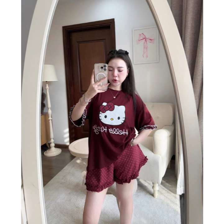 Đồ Bộ Nữ Hello Kitty HCOM26162 DONNA Set Bộ Mặc Nhà Áo Thun Phối Quần Đùi Chấm Bi Bèo Gấu Dễ Thương
