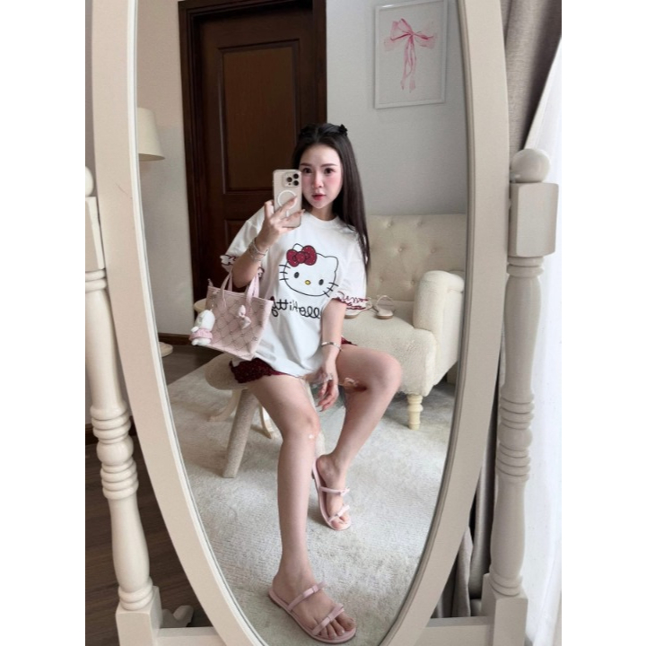 Đồ Bộ Nữ Hello Kitty HCOM26162 DONNA Set Bộ Mặc Nhà Áo Thun Phối Quần Đùi Chấm Bi Bèo Gấu Dễ Thương