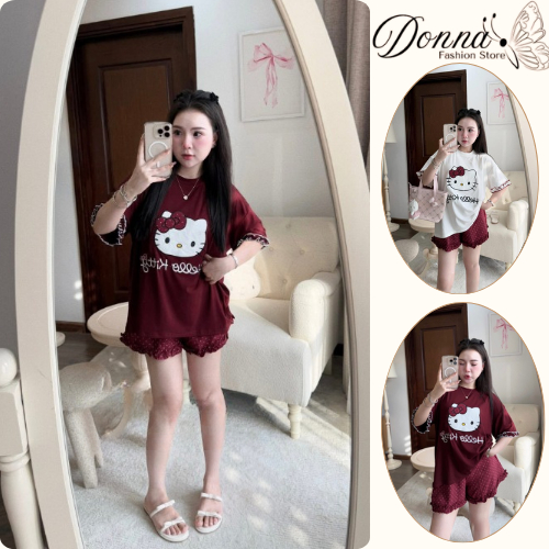 Đồ Bộ Nữ Hello Kitty HCOM26162 DONNA Set Bộ Mặc Nhà Áo Thun Phối Quần Đùi Chấm Bi Bèo Gấu Dễ Thương