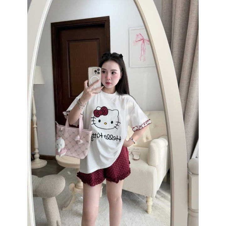 Đồ Bộ Nữ Hello Kitty HCOM26162 DONNA Set Bộ Mặc Nhà Áo Thun Phối Quần Đùi Chấm Bi Bèo Gấu Dễ Thương