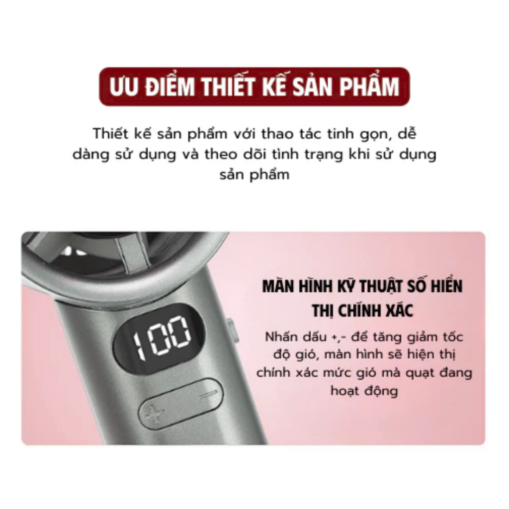 Quạt Mini Cầm Tay 120 Tốc Độ Siêu Mạnh, Gió Lớn Êm Ái, Nhỏ Gọn Bỏ Túi, Có Màn Hình Hiển Thị Pin  [Q2]