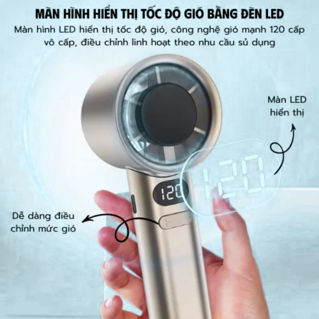 Quạt Mini Cầm Tay 120 Tốc Độ Siêu Mạnh, Gió Lớn Êm Ái, Nhỏ Gọn Bỏ Túi, Có Màn Hình Hiển Thị Pin  [Q2]