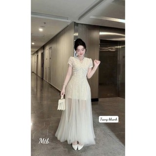 Đầm maxi thời trang nữ chất ren hoa cao cấp kiểu cổ v viền nhún tay ngắn có phối tùng lưới phủ chân sang chảnh