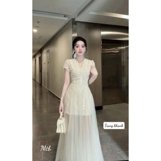 Đầm maxi thời trang nữ chất ren hoa cao cấp kiểu cổ v viền nhún tay ngắn có phối tùng lưới phủ chân sang chảnh