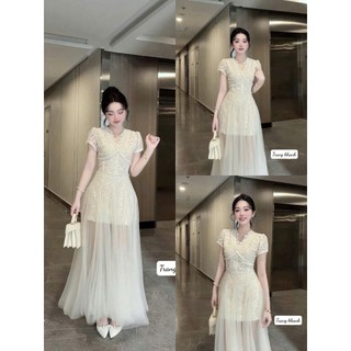 Đầm maxi thời trang nữ chất ren hoa cao cấp kiểu cổ v viền nhún tay ngắn có phối tùng lưới phủ chân sang chảnh