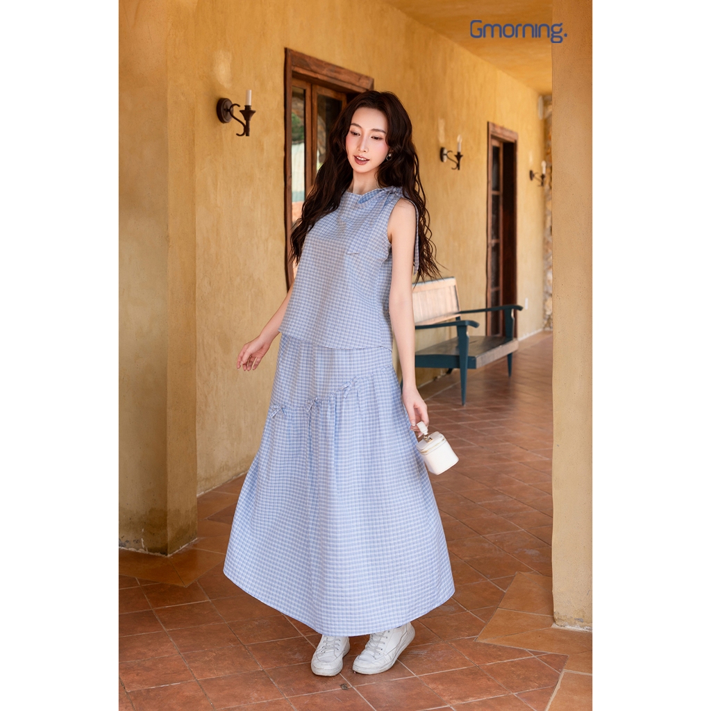 Set lẻ Áo kiểu cổ yếm GUMAC - Gmorning YAG03024 - Chân váy nơ xoè GUMAC - Gmorning YVG03023
