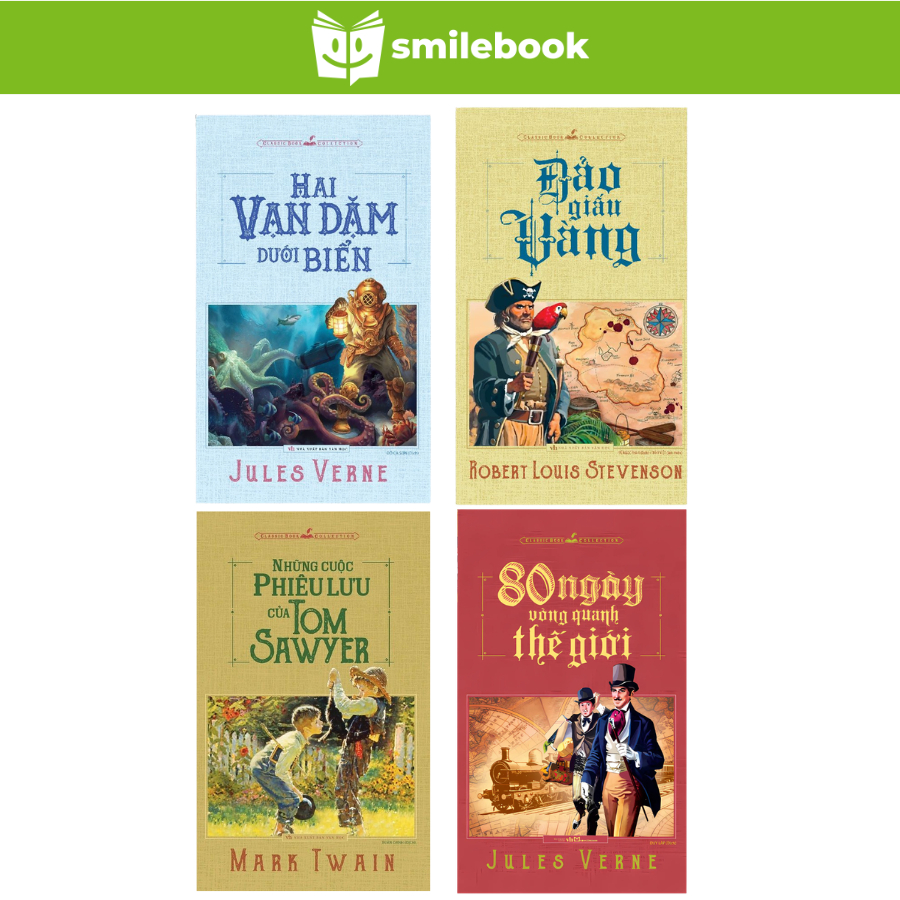 Sách: Hai Vạn Dặm + Đảo Giấu Vàng + Phiêu Lưu Của Tom Sawyer + 80 Ngày Vòng Quanh Thế Giới