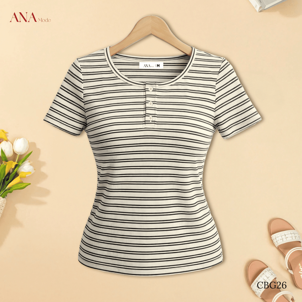 Áo Thun Kẻ Sọc Trung Niên ANA Mode Chất Liệu Cotton Mềm Mịn Mát Đi Chơi Quà Tặng Mẹ AT25CBG26