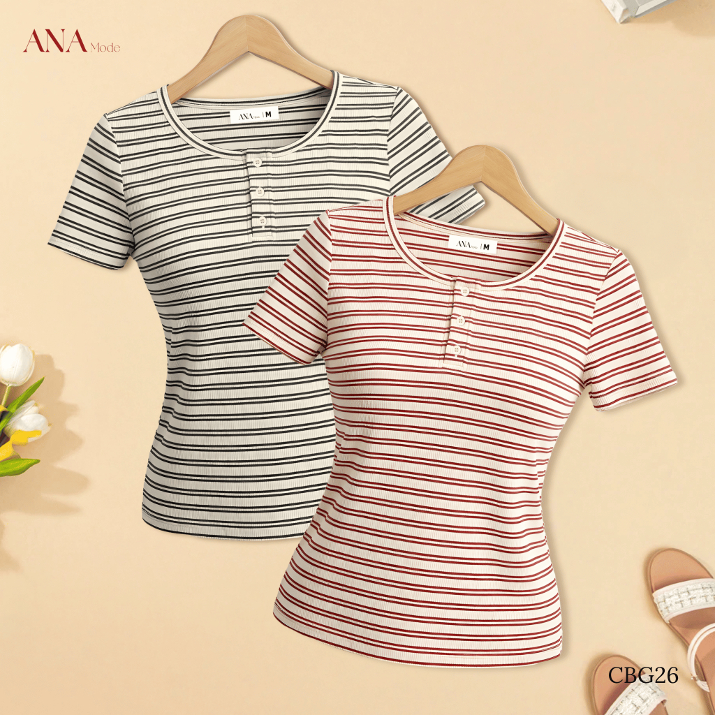 Áo Thun Kẻ Sọc Trung Niên ANA Mode Chất Liệu Cotton Mềm Mịn Mát Đi Chơi Quà Tặng Mẹ AT25CBG26