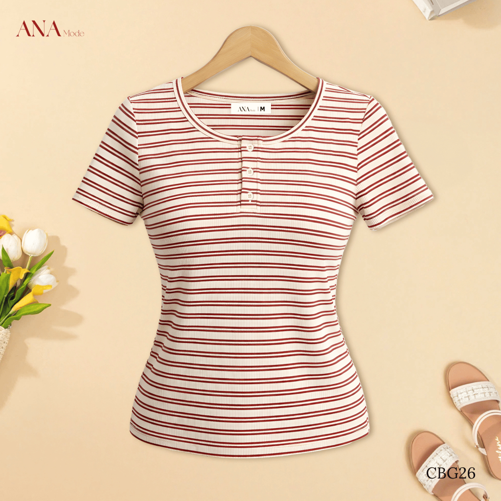 Áo Thun Kẻ Sọc Trung Niên ANA Mode Chất Liệu Cotton Mềm Mịn Mát Đi Chơi Quà Tặng Mẹ AT25CBG26