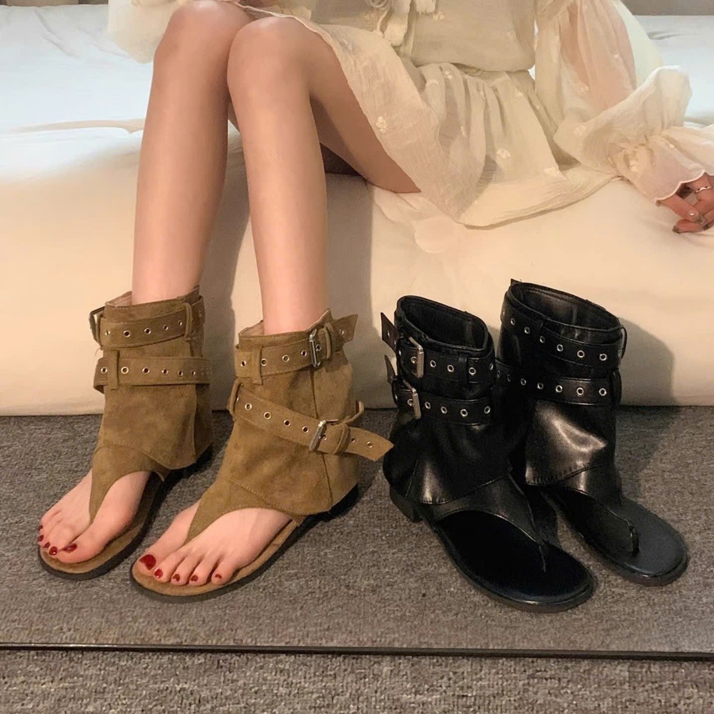 (Sẵn đen 36) Giày Sandal La Mã Kiểu Retro Quai Ngang Màu Đen Có Khóa Cài – Đa Năng Và Tôn Dáng