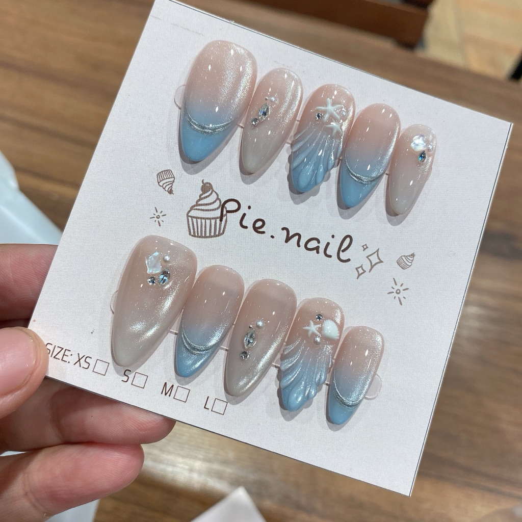 489. nailbox mắt mèo, ombre xanh nhạt, sao biển