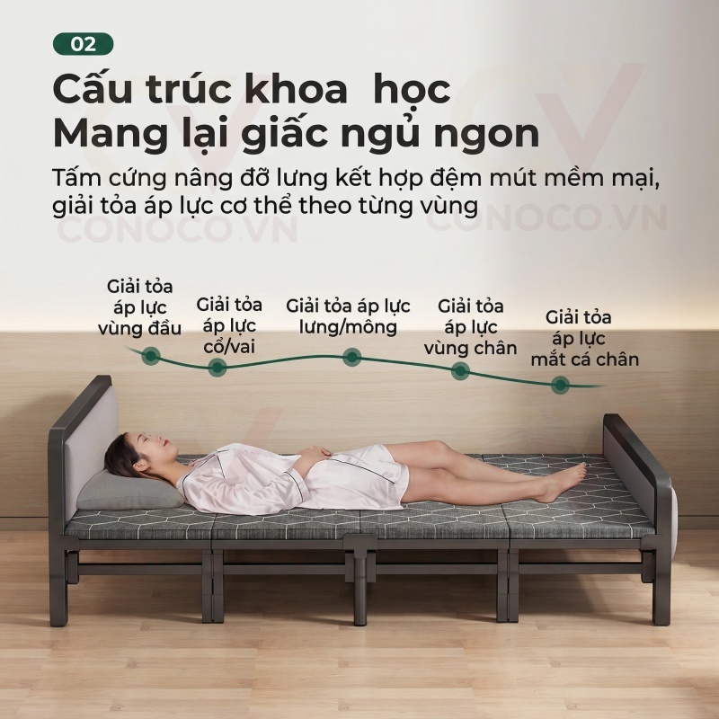CONOCO Giường gấp gọn thông minh khung sắt có nệm Tổng Kho chịu lực 300kg cho nhà nhỏ