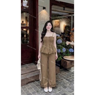 Set bộ thời trang nữ chất tuyết mưa chấm bi kiểu áo hai dây xòe bồng bềnh phối quần ống rộng mặc thoải mái trẻ trung