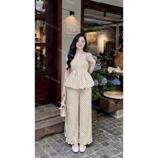 Set bộ thời trang nữ chất tuyết mưa chấm bi kiểu áo hai dây xòe bồng bềnh phối quần ống rộng mặc thoải mái trẻ trung