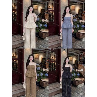 Set bộ thời trang nữ chất tuyết mưa chấm bi kiểu áo hai dây xòe bồng bềnh phối quần ống rộng mặc thoải mái trẻ trung