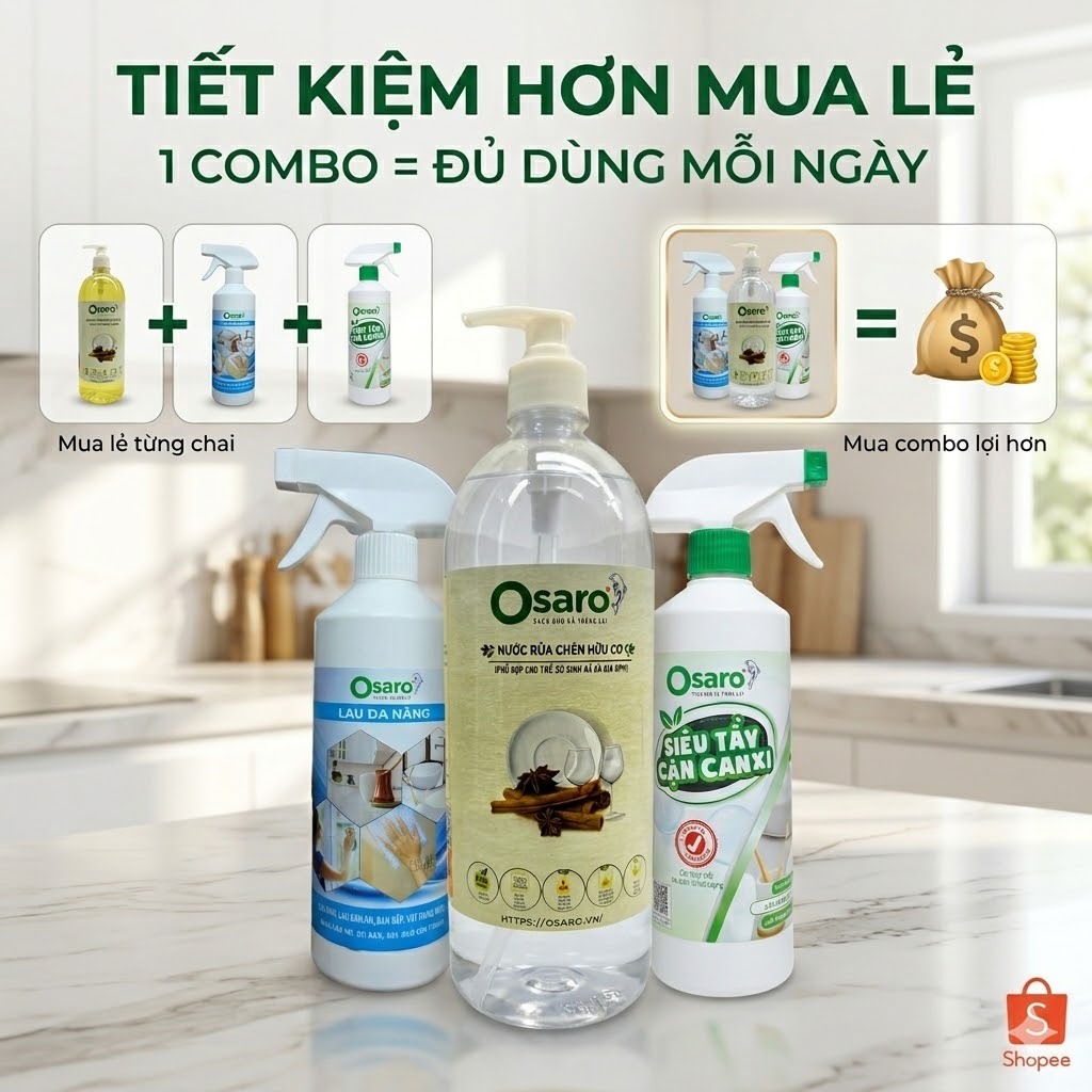 COMBO BẾP SẠCH OSARO – Rửa chén + Lau bếp + Tẩy cặn canxi, sạch chậu rửa vòi nước bàn bếp