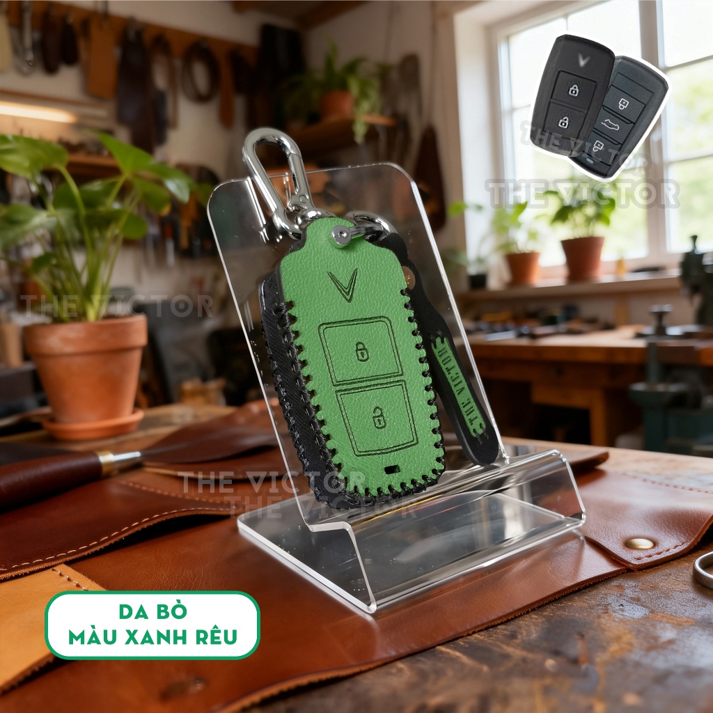 Bao Da Chìa Khoá Vf3, Vf5, Limo Green ( loại 2 nút, 3 nút bấm) - Da Bò Khâu Tay