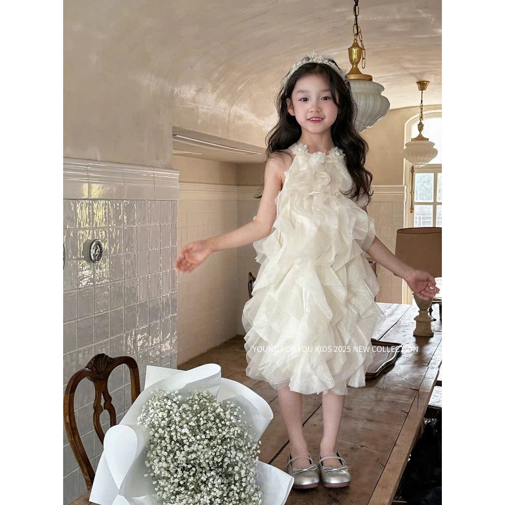 Đầm bé gái voan tầng bồng bềnh cổ hoa 3D phong cách tiểu thư công chúa Hàn Quốc thanh lịch cho mẹ và bé diện đi tiệc
