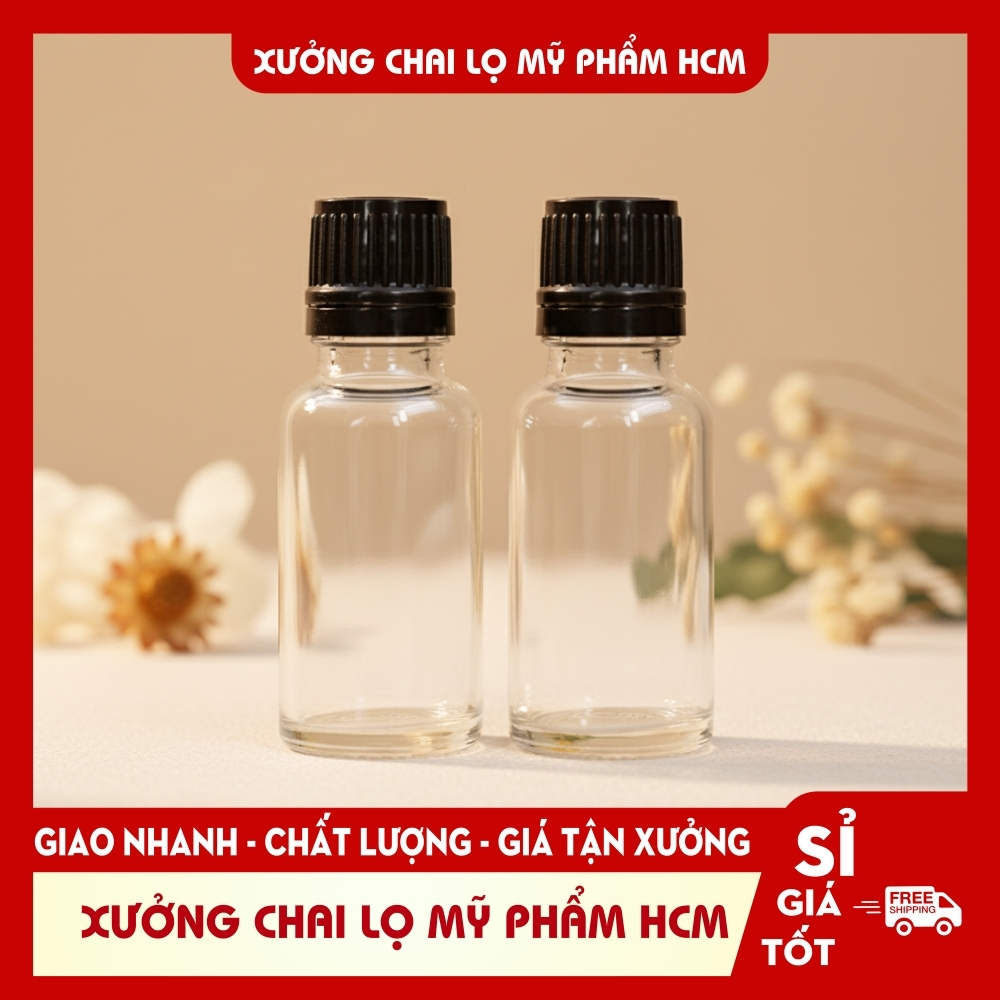 Chai Thủy Tinh Đựng GINGER SHOTS Nắp Vặn Đen Dẹt Nhỏ Giọt, Thân Trong, Nhiều Dung Tích 5ML-100ML