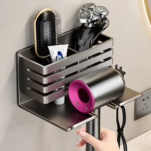 Giá Treo Máy Sấy Tóc Gắn Tường Thép Carbon Kèm Kệ Đa Năng Đựng Lược, Dao Cạo Phụ Kiện 2 Trong 1