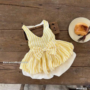 A687 Set Áo Yếm Nơ Hoạ Tiết Kẻ Sọc Quần Bí Cho Bé Gái 6-18kg