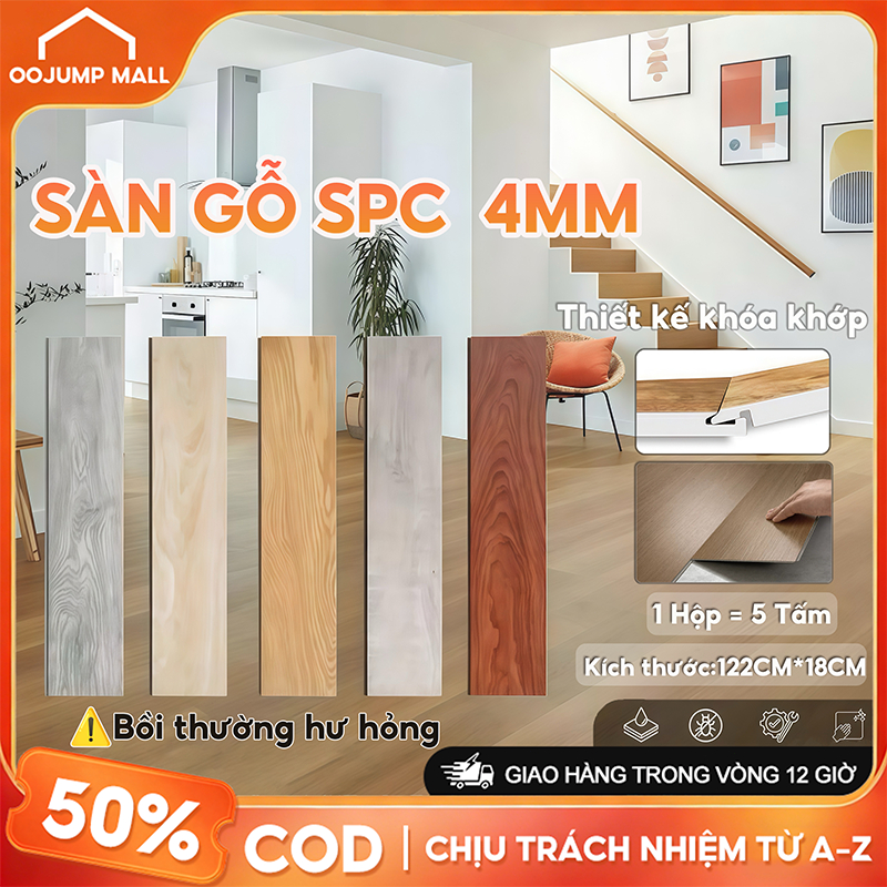Sàn Nhựa Giả Gỗ Sàn Gỗ SPC Hèm Khóa Dày 5mm Chống Nước Chống Cháy Không Cần Keo Lát Phòng Khách Văn Phòng Gói 5 Tấm