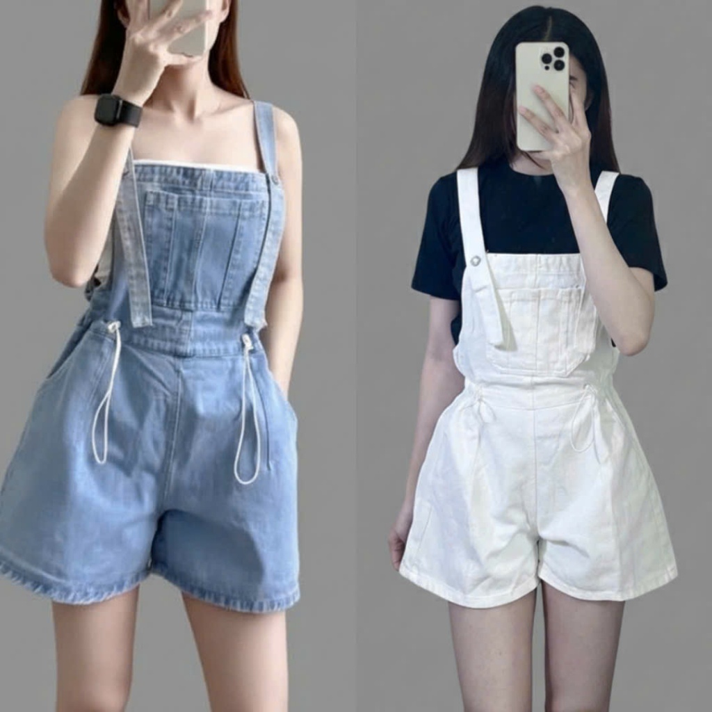TIENSTYLE - Quần Yếm Short Jean Rút Dây Eo-Yếm Quần Hai Dây Túi Hộp ...