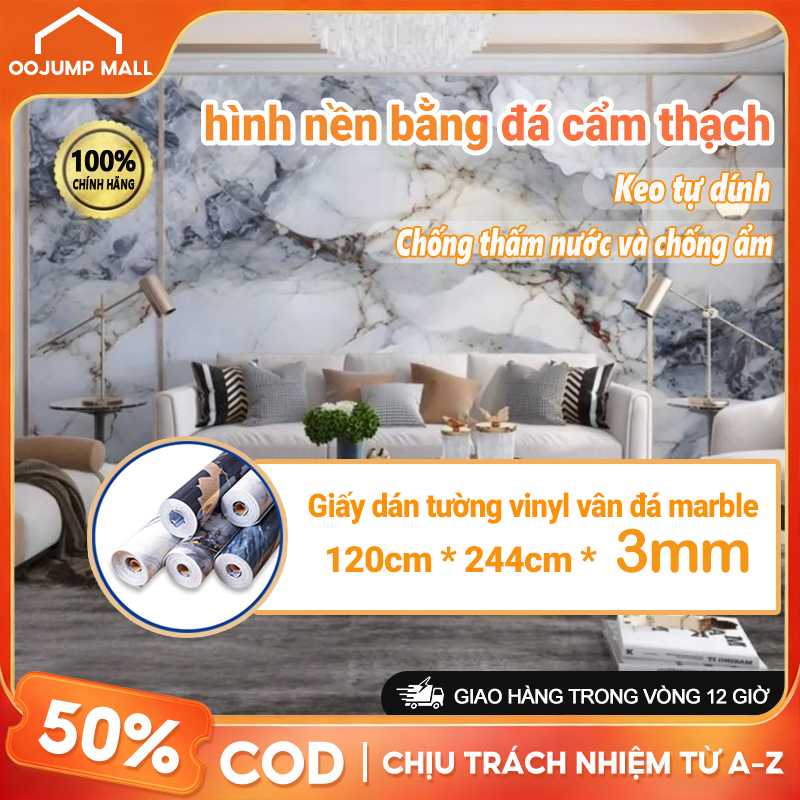 Giấy Dán Tường Phòng Ngủ Miếng Dán Tường Cuộn Xốp PVC Vân Đá Chống Thấm Nước Phủ Bóng Tự Dính