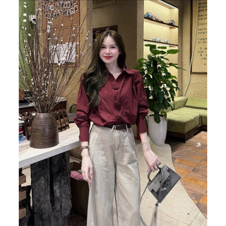 Áo sơ mi nữ tay dài HCOM27154 màu đỏ đô chất vải mịn không nhăn, sơ mi kiểu nút tàu sang chảnh dễ phối Yuumis
