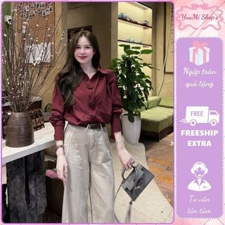 Áo sơ mi nữ tay dài HCOM27154 màu đỏ đô chất vải mịn không nhăn, sơ mi kiểu nút tàu sang chảnh dễ phối Yuumis