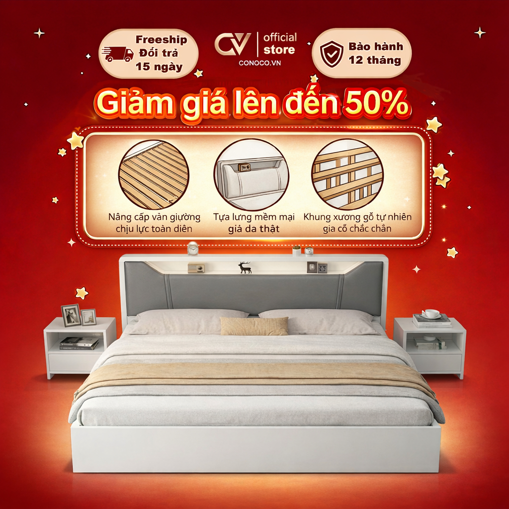Giường Ngủ CONOCO Bọc Da Hiện Đại Khung Gỗ Chắc Chắn Không Gầm Chống Ồn Cao Cấp (1m2/1m5/1m8)
