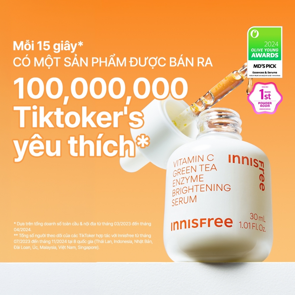 INNISFREE x KOL serum Vitamin C sáng da, mờ thâm mụn INNISFREE Green Tea Enzyme Brightening Serum 30ml