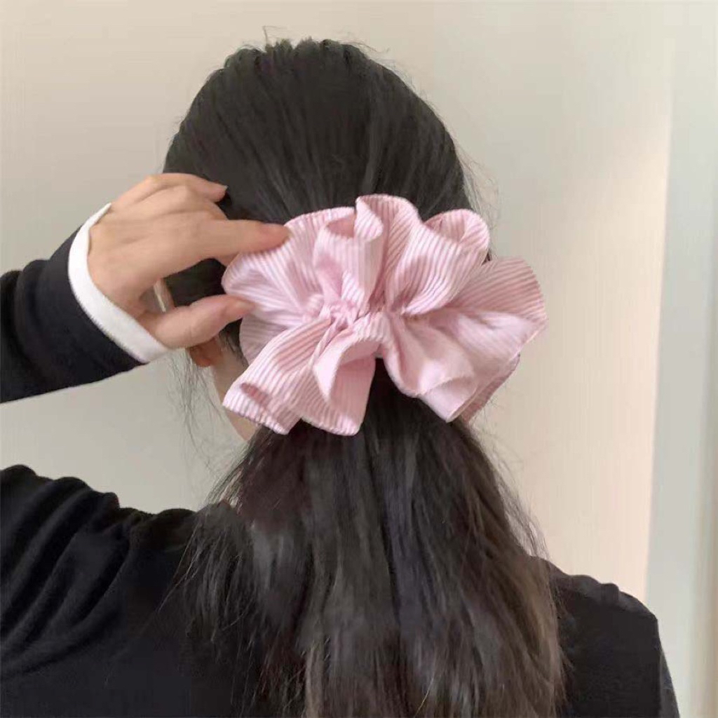 Dây buộc tóc scrunchies hồng kẻ sọc bản to phong cách dễ thương, chun buộc tóc nữ buộc búi tóc – đuôi ngựa
