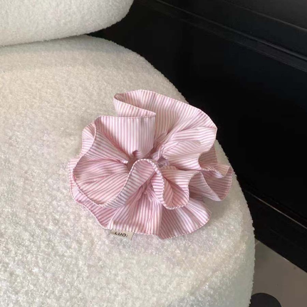 Dây buộc tóc scrunchies hồng kẻ sọc bản to phong cách dễ thương, chun buộc tóc nữ buộc búi tóc – đuôi ngựa