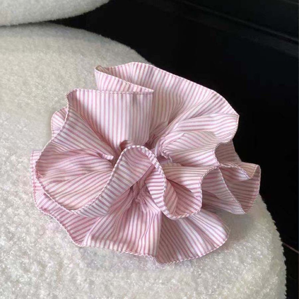 Dây buộc tóc scrunchies hồng kẻ sọc bản to phong cách dễ thương, chun buộc tóc nữ buộc búi tóc – đuôi ngựa