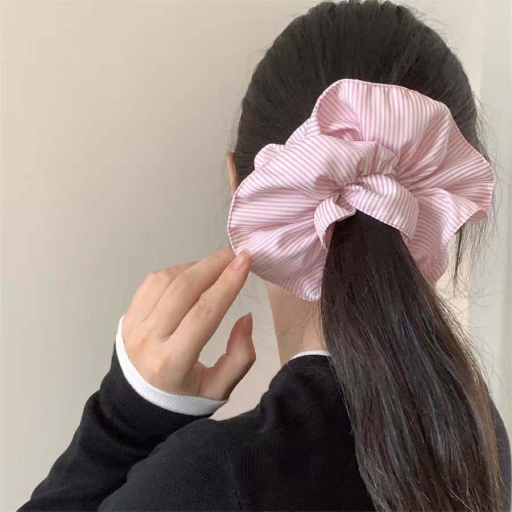 Dây buộc tóc scrunchies hồng kẻ sọc bản to phong cách dễ thương, chun buộc tóc nữ buộc búi tóc – đuôi ngựa