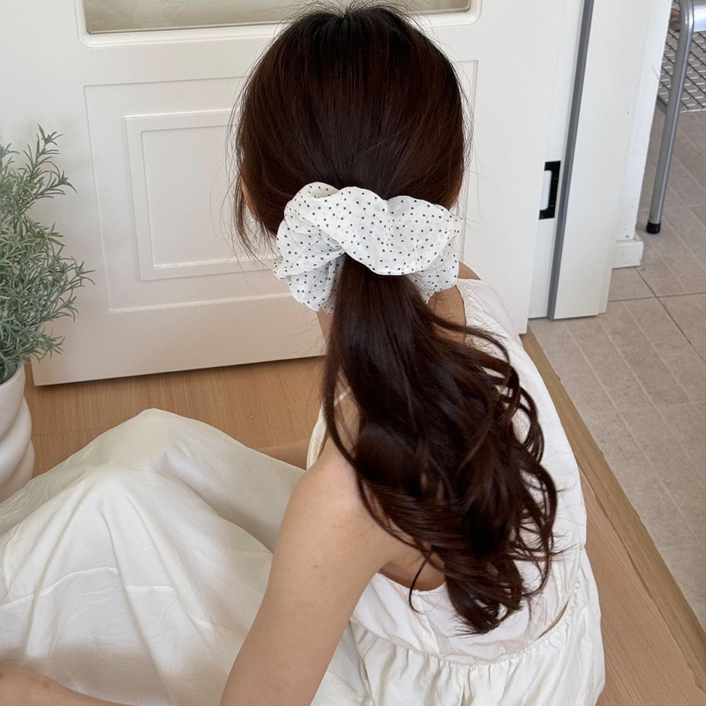 Dây buộc tóc scrunchies chấm bi phong cách vintage, chun buộc tóc nữ co giãn tốt buộc búi – đuôi ngựa