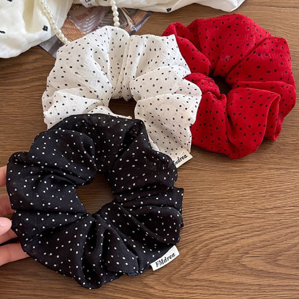 Dây buộc tóc scrunchies chấm bi phong cách vintage, chun buộc tóc nữ co giãn tốt buộc búi – đuôi ngựa