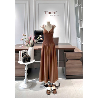SEP House - Đầm kem midi dáng dài cổ V cột nơ vai viền bèo phối mocking eo tôn dáng tà dài 2 lớp sang trọng đi biển