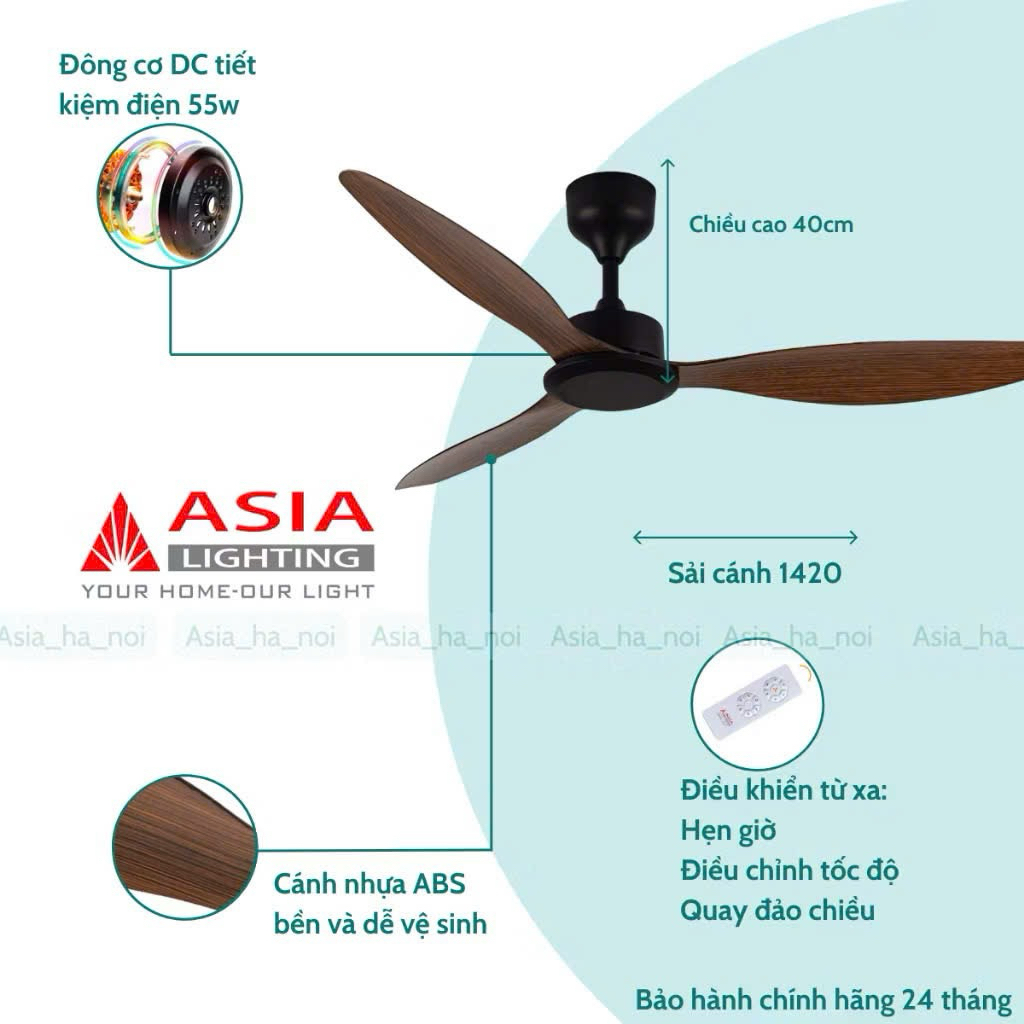 [CHÍNH HÃNG] Quạt trần 3 cánh(Cao Cấp) ASIA động cơ DC 55W(lõi đồng), sải cánh 1420 nhựa ABS, Bảo hành 24 Tháng