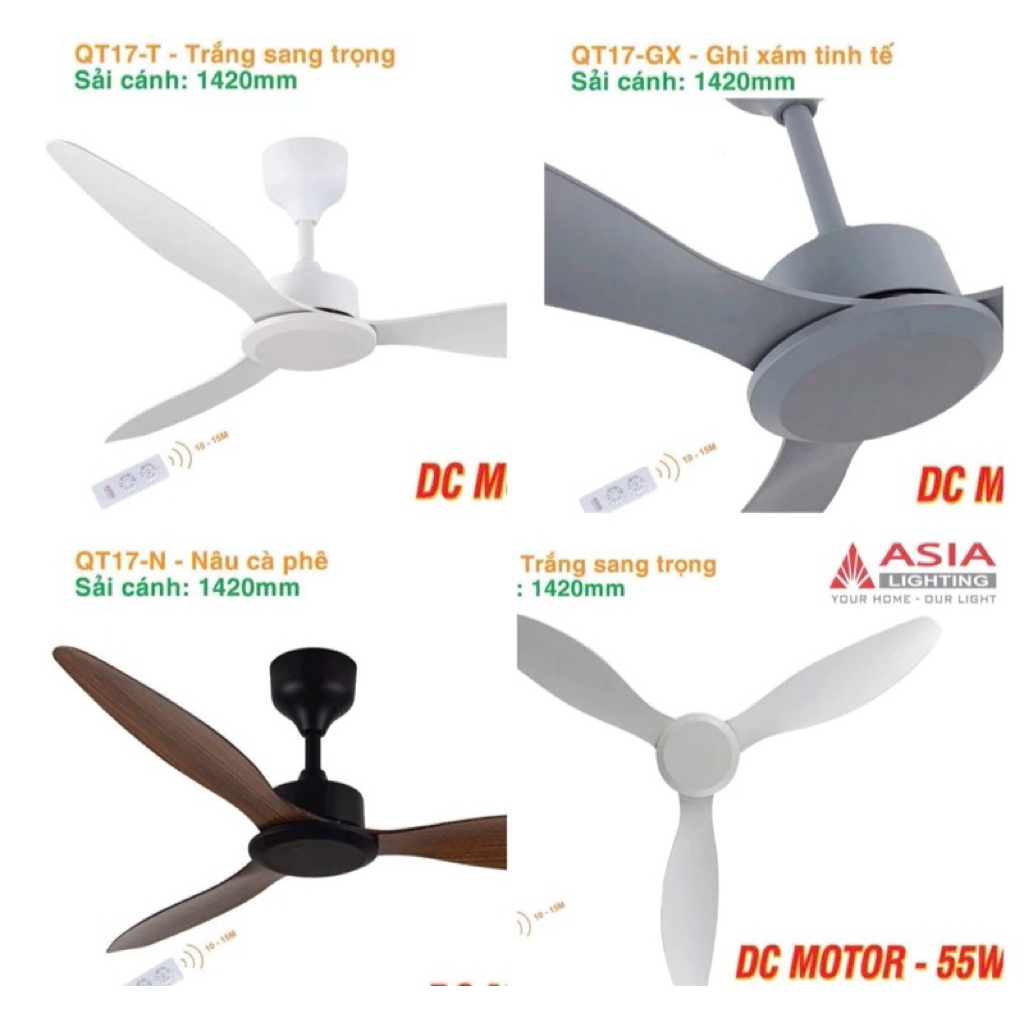 [CHÍNH HÃNG] Quạt trần 3 cánh(Cao Cấp) ASIA động cơ DC 55W(lõi đồng), sải cánh 1420 nhựa ABS, Bảo hành 24 Tháng